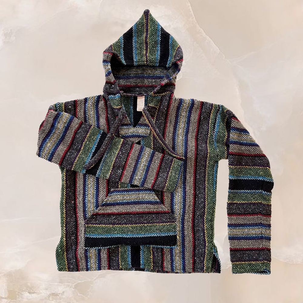 MOLINA Vintage Mexican Baja Blanket Drug Rug Hoodie Grey Green Surfer Poncho M